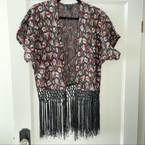 Fringed Floral-Embroidered Kimono - Picture 3 of 10